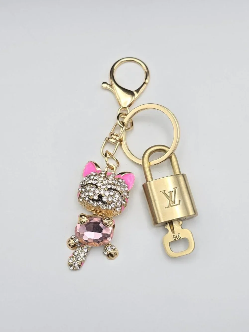 Authentic LV Gold Padlock & Key Set ✨Luxury Bag Charm w/ Unbranded Cat Keychain